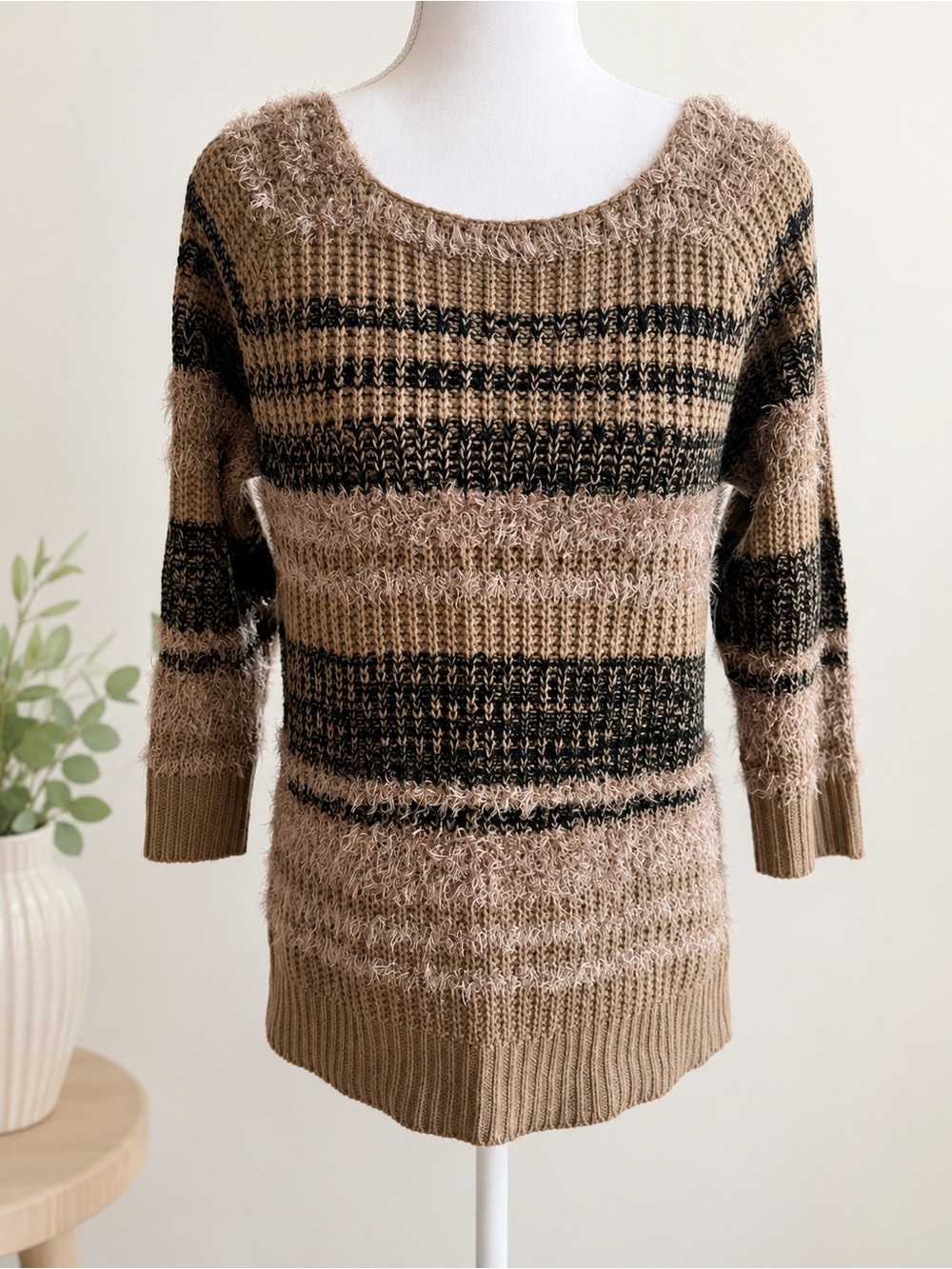 Spense EUC Brown Black Eyelash Knit Stripe Sweater Size S 3/4 Sleeve